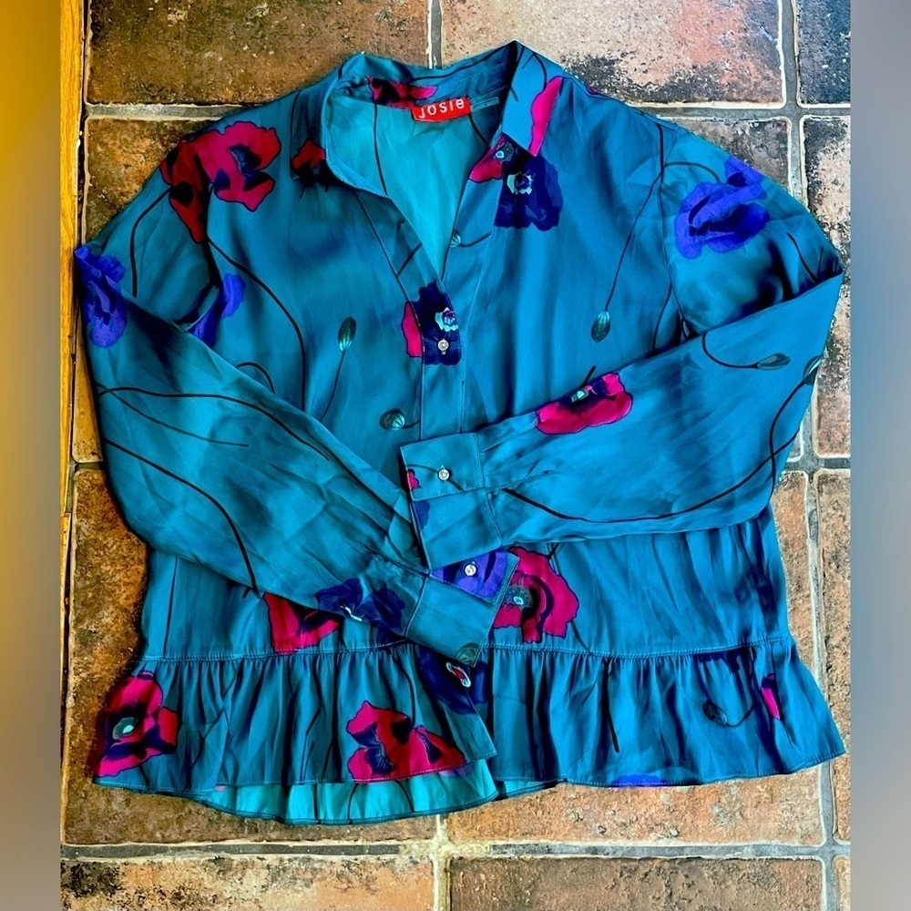 Josie Natori Teal Floral Pajama Top With Bottom Ruffle Sz M